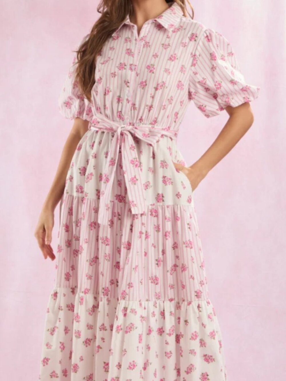NWT Peach Love Floral Tiered Belted Waist Dress